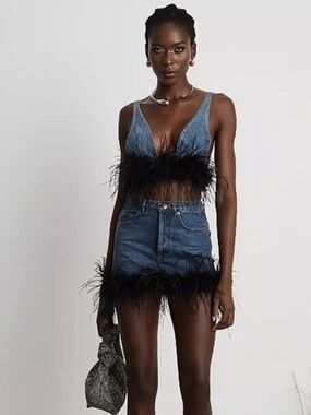Denim Feather Trim Crop Top and Mini Skirt Set
